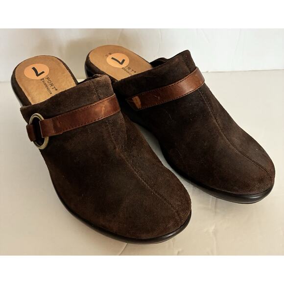 Rockport Sz 6.5 Brown Suede Leather Strap With Metal Ring Wedge Mules-Read - Picture 1 of 9